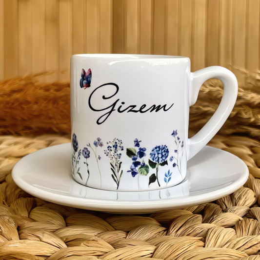 Mavi Bahar Temalı Kişiye Özel İsimli Türk Kahvesi Fincanı