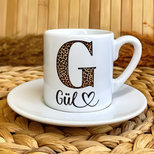 Leopar Harf Temalı Kişiye Özel İsimli Türk Kahvesi Fincanı