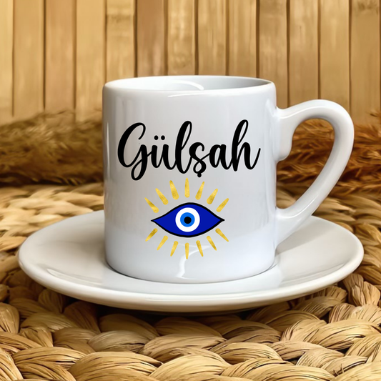 Nazar Göz Temalı Kişiye Özel Isimli Türk Kahvesi Fincanı