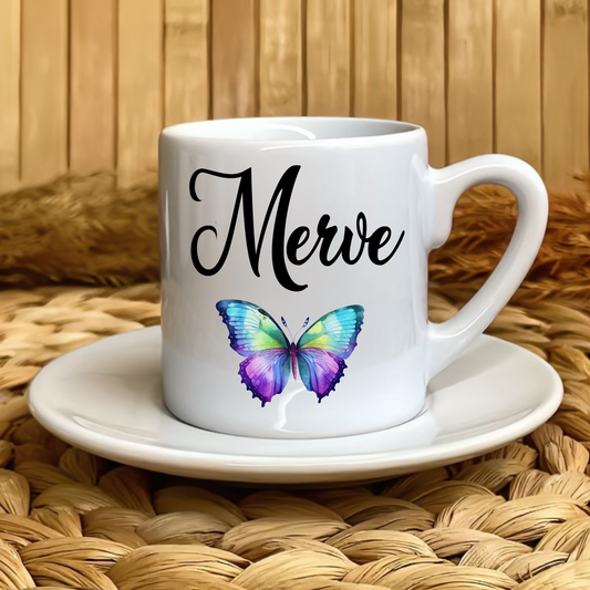 Kelebek Temalı Kişiye Özel İsimli Türk Kahvesi Fincanı