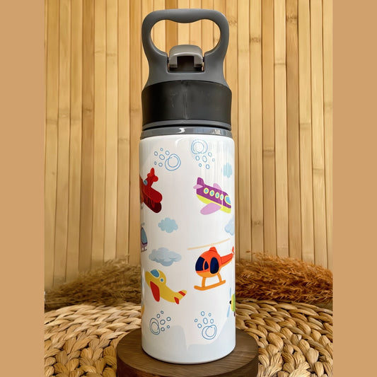 Hava Araçları Uçak Helikopter Temalı İsme Özel Alüminyum Pipetli Suluk Matara 650 ml