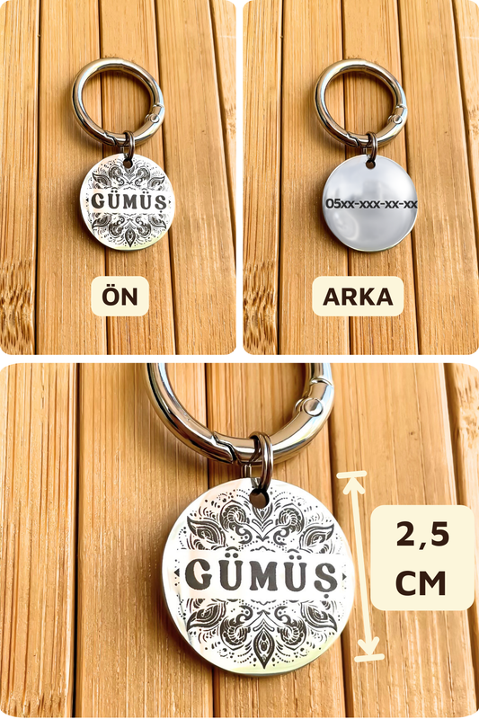İsme Özel Çelik Kedi Köpek İsimlik Künyesi - Rangoli Desenli Gümüş (Silver)