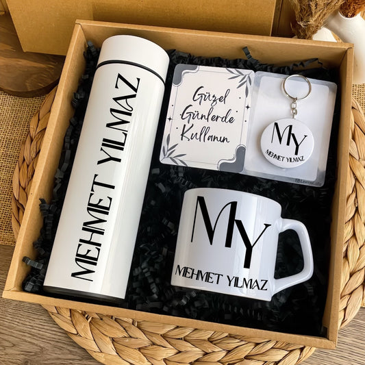 İsme Özel Çelik Termos & Lüks Kupa ve Anahtarlık Hediye Kutusu