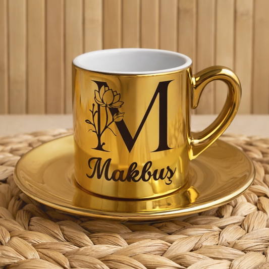 Harf Temalı Kişiye Özel İsimli Gold Porselen Türk Kahvesi Fincanı