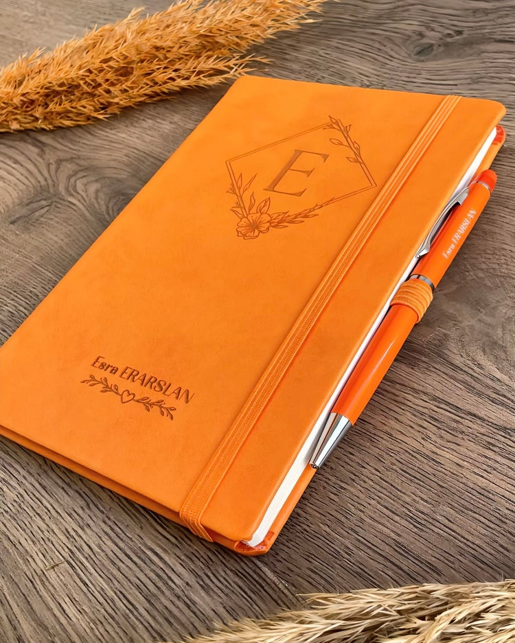İsme Özel Turuncu Deri Defter ve Kalem Seti