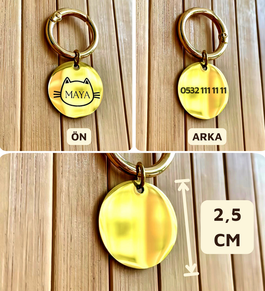 İsme Özel Çelik Kedi Temalı İsimlik Künyesi - Altın (Gold)