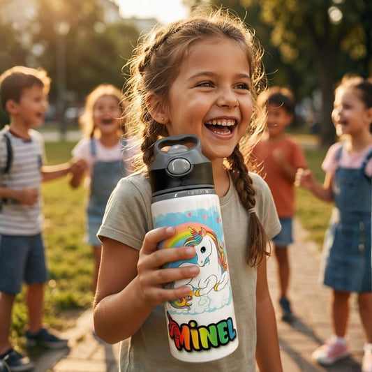 Unicorn Gökkuşağı Temalı İsme Özel Alüminyum Pipetli Suluk Matara 650 ml