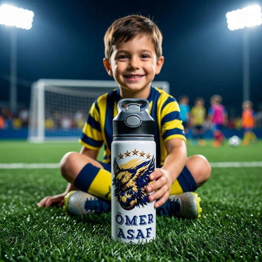 Sarı Lacivert Taraftar Temalı İsme Özel Alüminyum Pipetli Suluk Matara 650 ml