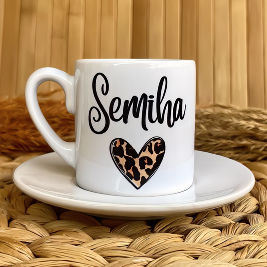 Leopar Kalp Temalı Kişiye Özel İsimli Türk Kahvesi Fincanı