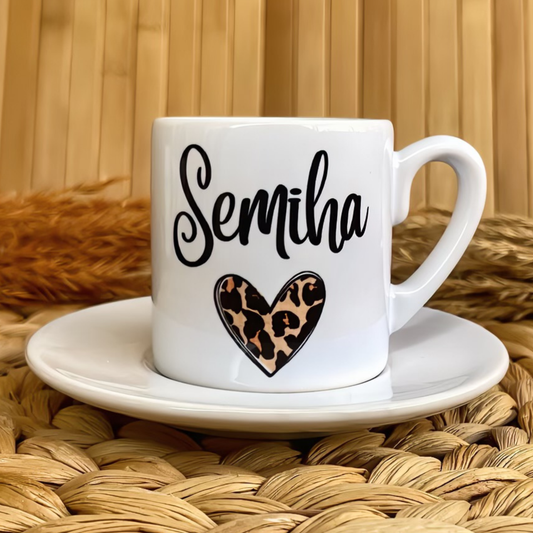 Leopar Kalp Temalı Kişiye Özel İsimli Türk Kahvesi Fincanı
