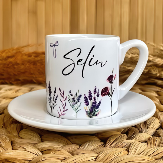 Lavanta Bahçesi Temalı Kişiye Özel İsimli Türk Kahvesi Fincanı