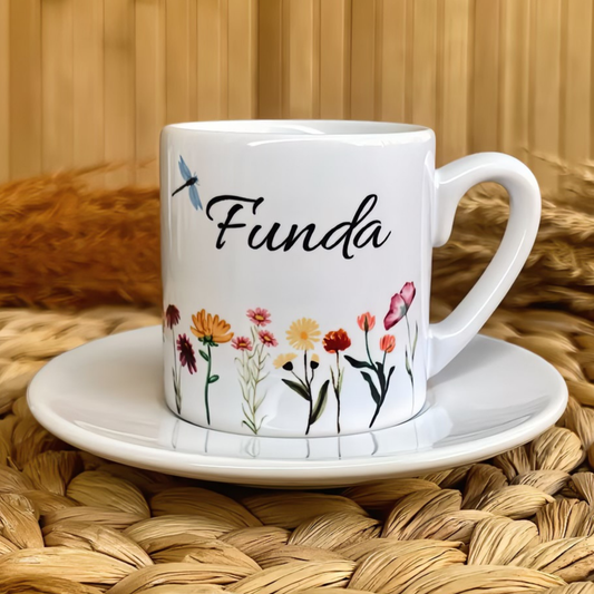 Kır Çiçekleri Temalı Kişiye Özel İsimli Türk Kahvesi Fincanı