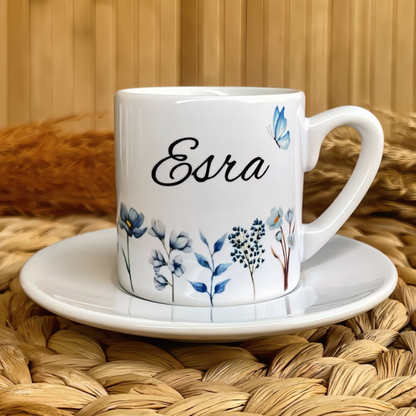 Mavi Bahçe Temalı Kişiye Özel İsimli Türk Kahvesi Fincanı