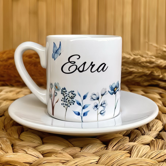 Mavi Bahçe Temalı Kişiye Özel İsimli Türk Kahvesi Fincanı