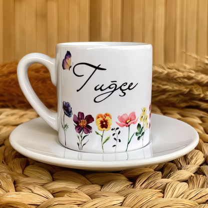 Floral Zerafet Temalı Kişiye Özel İsimli Türk Kahvesi Fincanı