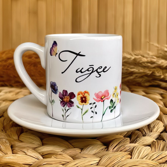 Floral Zerafet Temalı Kişiye Özel İsimli Türk Kahvesi Fincanı