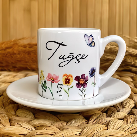 Floral Zerafet Temalı Kişiye Özel İsimli Türk Kahvesi Fincanı