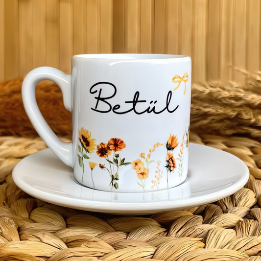 Güneş Bahçesi Temalı Kişiye Özel İsimli Türk Kahvesi Fincanı
