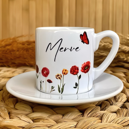 Kırmızı Düş Temalı Kişiye Özel İsimli Türk Kahvesi Fincanı