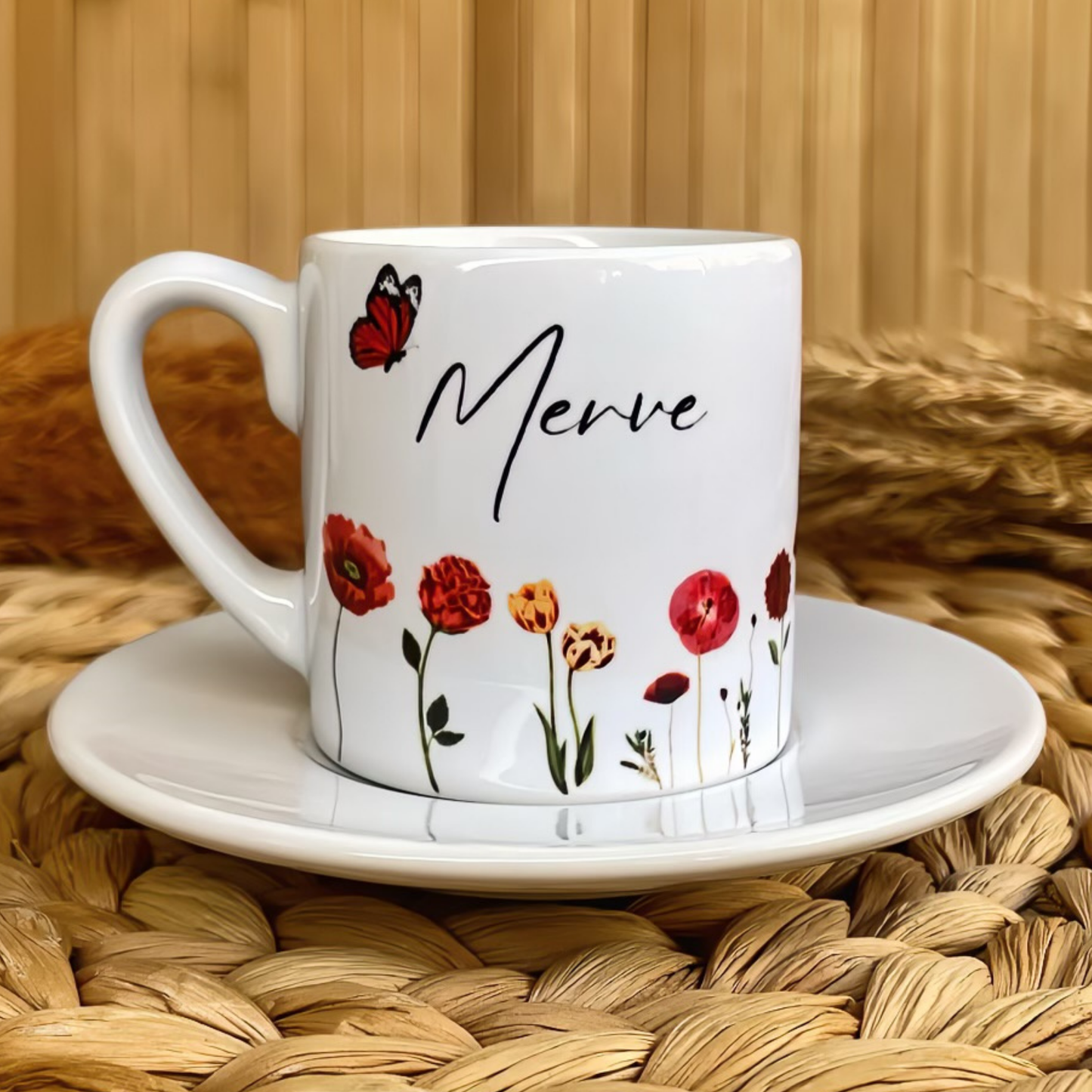 Kırmızı Düş Temalı Kişiye Özel İsimli Türk Kahvesi Fincanı