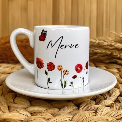 Kırmızı Düş Temalı Kişiye Özel İsimli Türk Kahvesi Fincanı