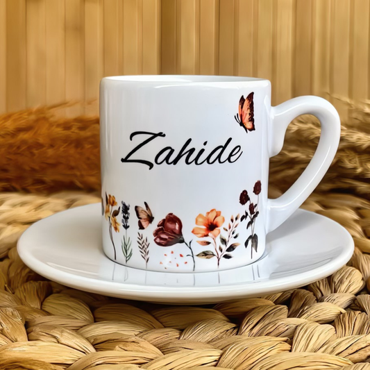 Gün Batımı Çiçekleri Temalı Kişiye Özel İsimli Türk Kahvesi Fincanı