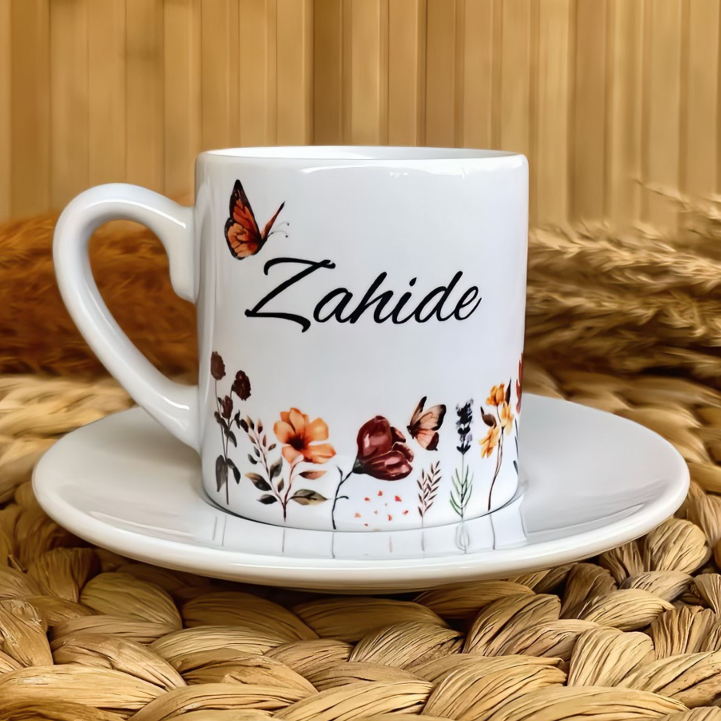 Gün Batımı Çiçekleri Temalı Kişiye Özel İsimli Türk Kahvesi Fincanı