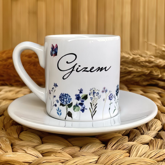Mavi Bahar Temalı Kişiye Özel İsimli Türk Kahvesi Fincanı