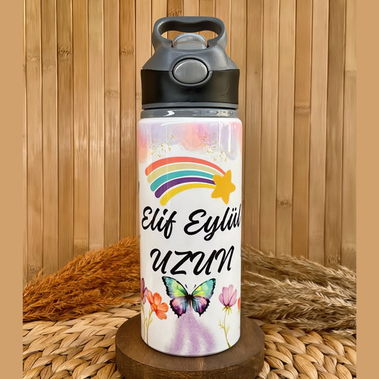 Gökkuşağı Temalı İsme Özel Alüminyum Pipetli Suluk Matara 650 ml