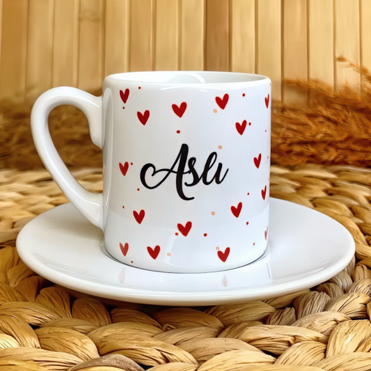 Kalp Temalı Kişiye Özel İsimli Türk Kahvesi Fincanı