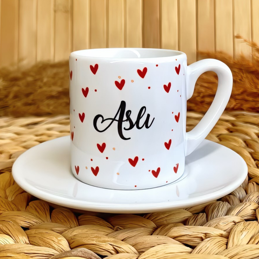 Kalp Temalı Kişiye Özel İsimli Türk Kahvesi Fincanı