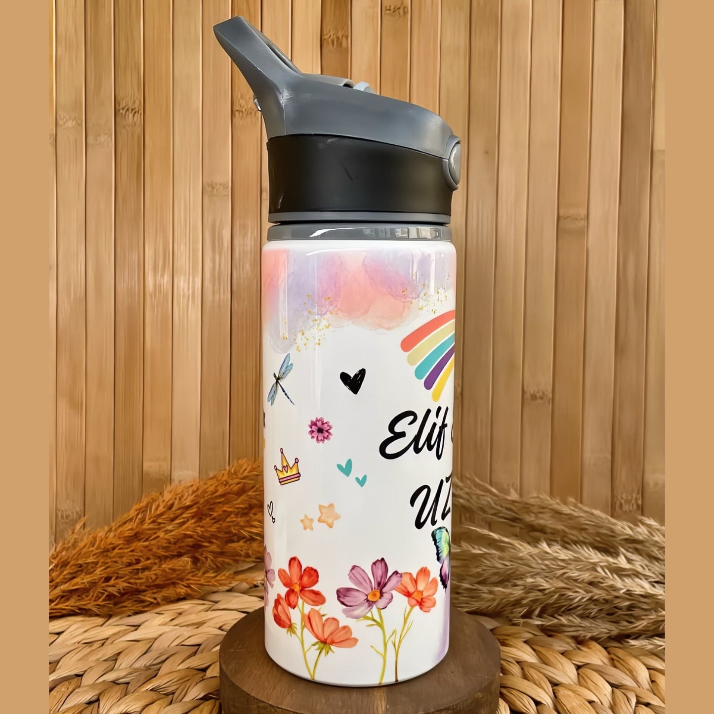 Gökkuşağı Temalı İsme Özel Alüminyum Pipetli Suluk Matara 650 ml