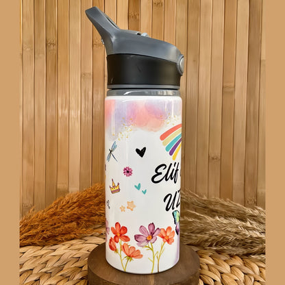 Gökkuşağı Temalı İsme Özel Alüminyum Pipetli Suluk Matara 650 ml