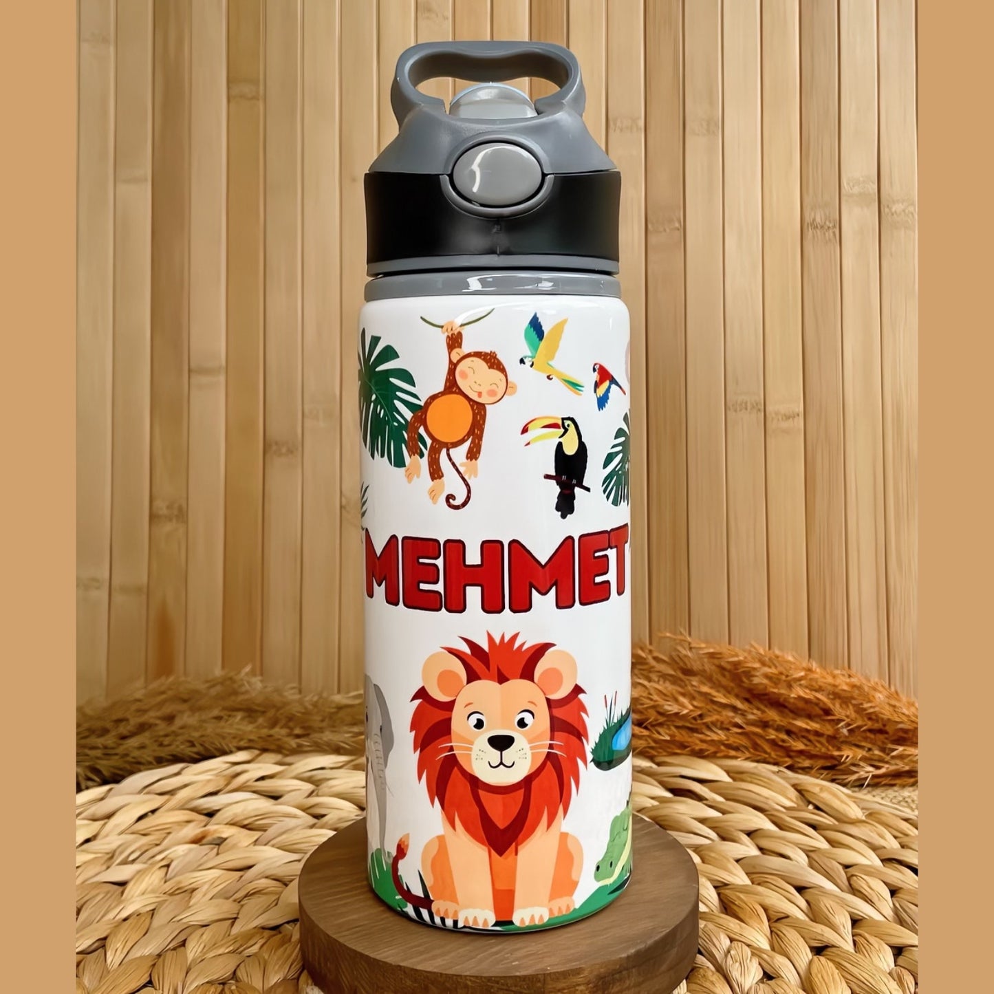 Safari Orman Hayvanları Temalı İsme Özel Alüminyum Pipetli Suluk Matara 650 ml