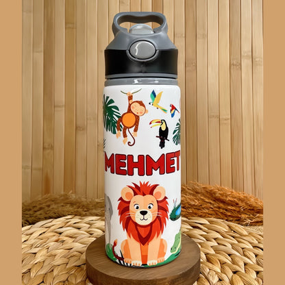 Safari Orman Hayvanları Temalı İsme Özel Alüminyum Pipetli Suluk Matara 650 ml
