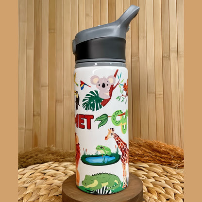 Safari Orman Hayvanları Temalı İsme Özel Alüminyum Pipetli Suluk Matara 650 ml
