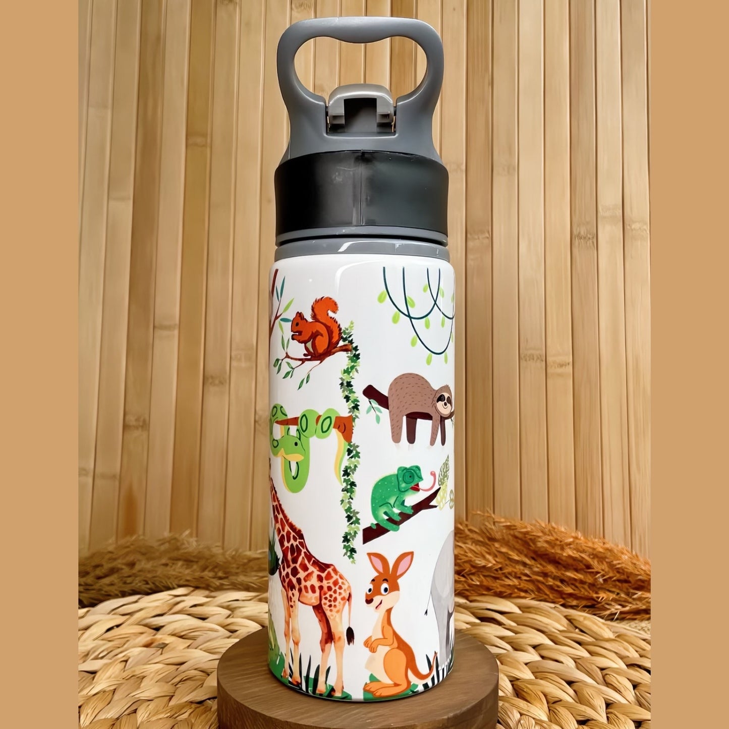 Safari Orman Hayvanları Temalı İsme Özel Alüminyum Pipetli Suluk Matara 650 ml