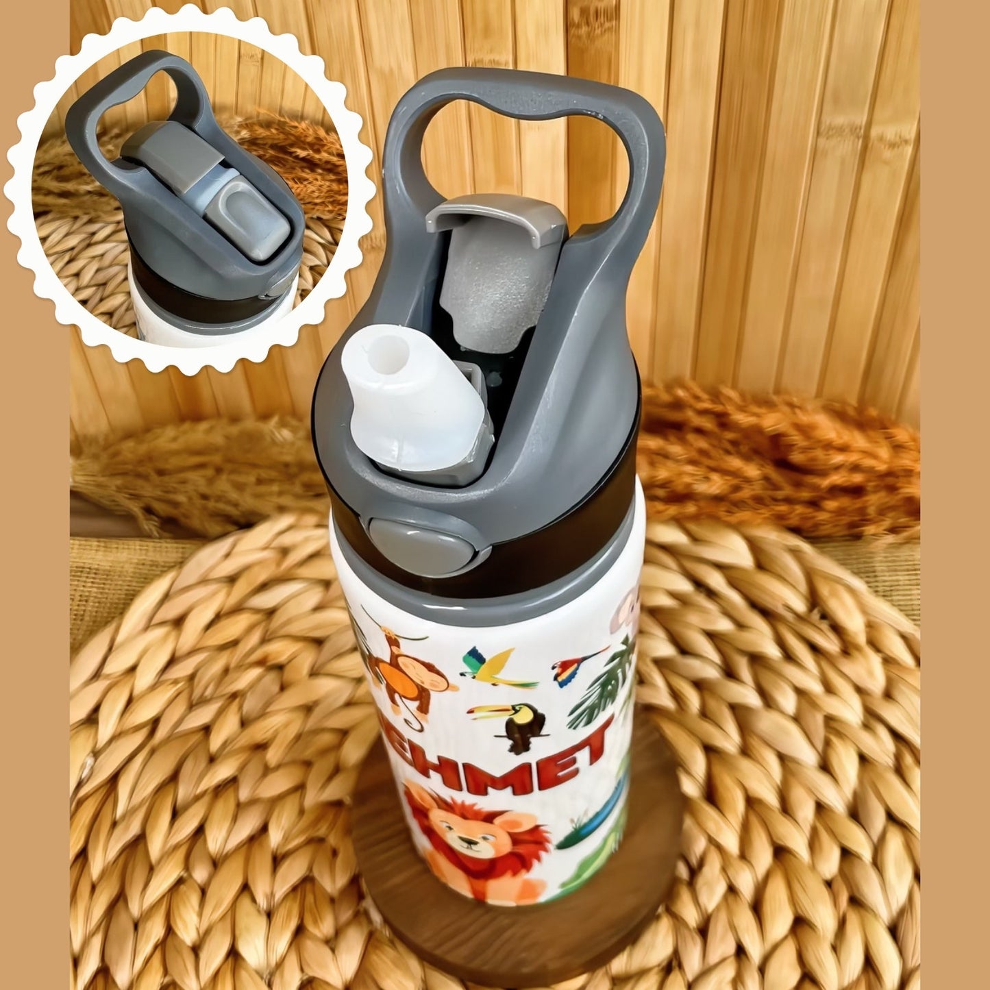 Safari Orman Hayvanları Temalı İsme Özel Alüminyum Pipetli Suluk Matara 650 ml