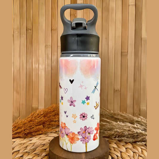 Gökkuşağı Temalı İsme Özel Alüminyum Pipetli Suluk Matara 650 ml