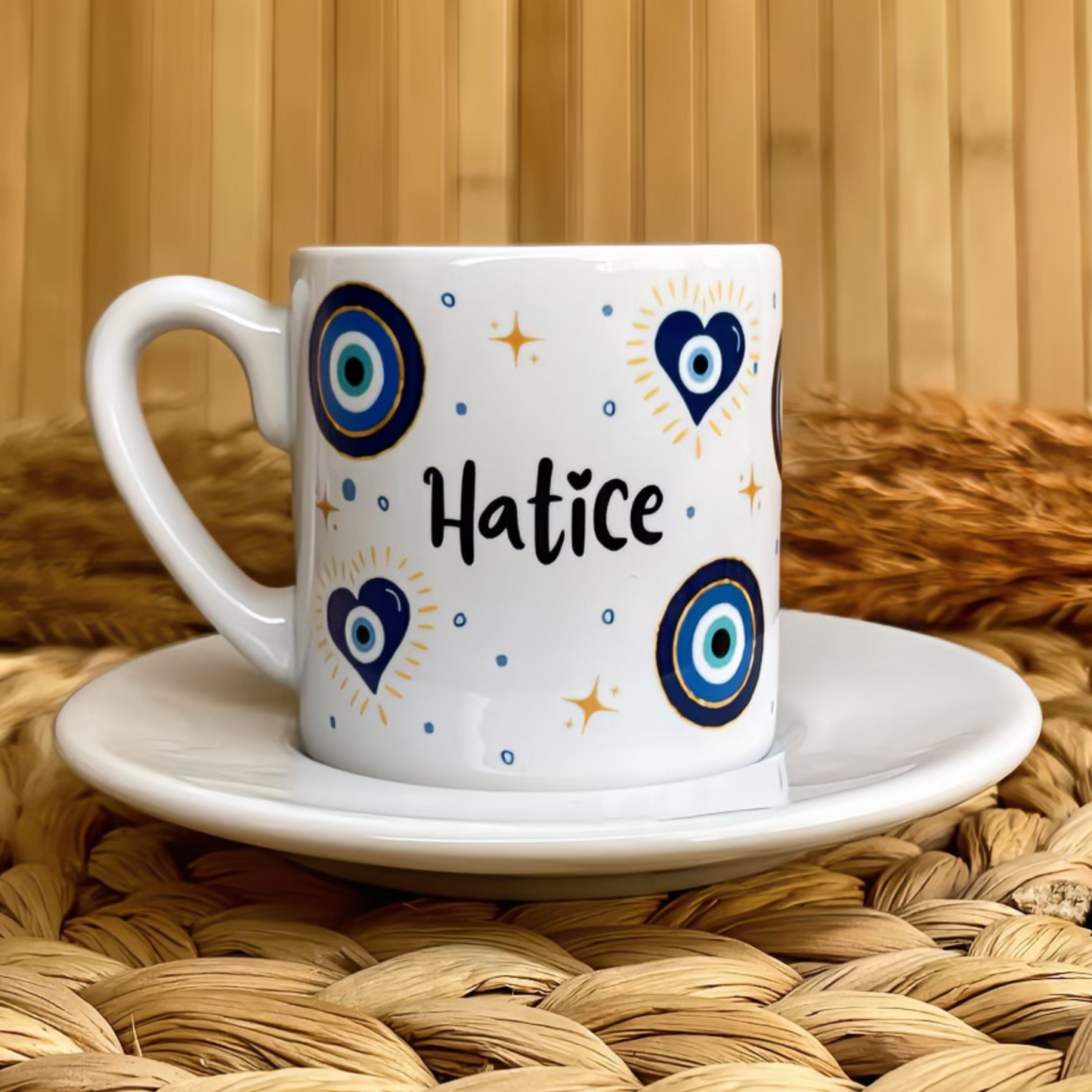 Nazar Temalı Kişiye Özel İsimli Türk Kahvesi Fincanı