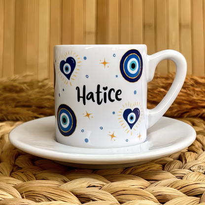 Nazar Temalı Kişiye Özel İsimli Türk Kahvesi Fincanı