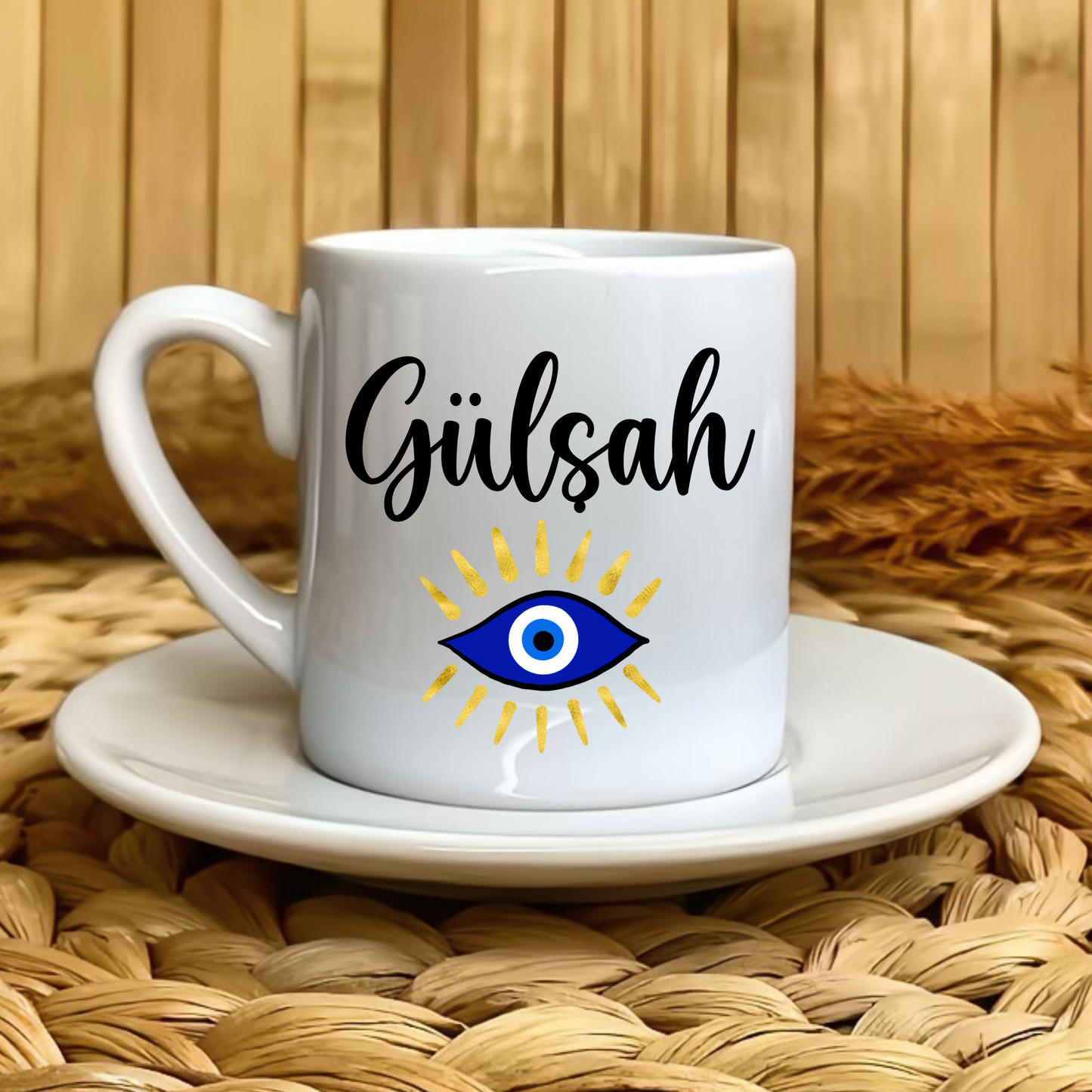 Nazar Göz Temalı Kişiye Özel Isimli Türk Kahvesi Fincanı