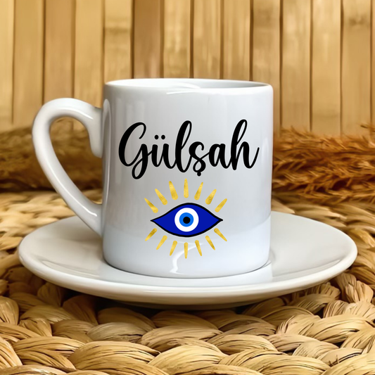 Nazar Göz Temalı Kişiye Özel Isimli Türk Kahvesi Fincanı