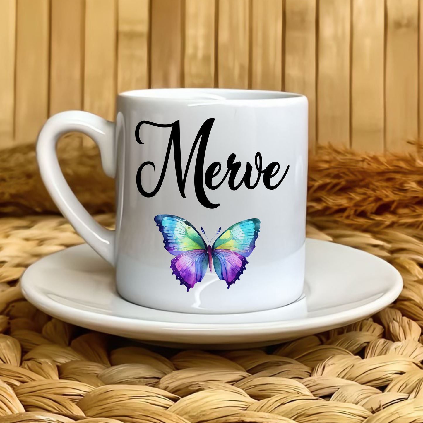 Kelebek Temalı Kişiye Özel İsimli Türk Kahvesi Fincanı