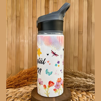Gökkuşağı Temalı İsme Özel Alüminyum Pipetli Suluk Matara 650 ml
