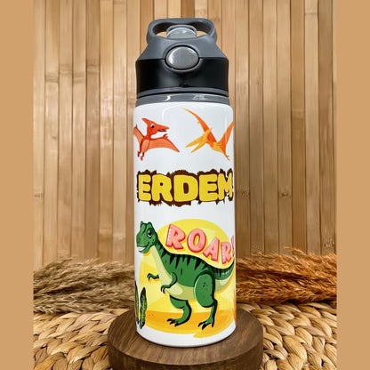 Dinozor Temalı İsme Özel Alüminyum Pipetli Suluk Matara 650 ml