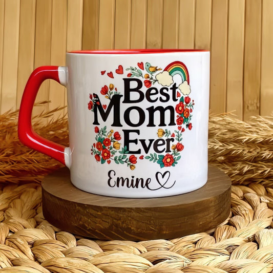 Best Mom Ever Gökkuşağı Temalı Kişiye Özel Lüks Kupa