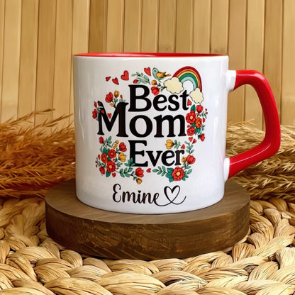 Best Mom Ever Gökkuşağı Temalı Kişiye Özel Lüks Kupa