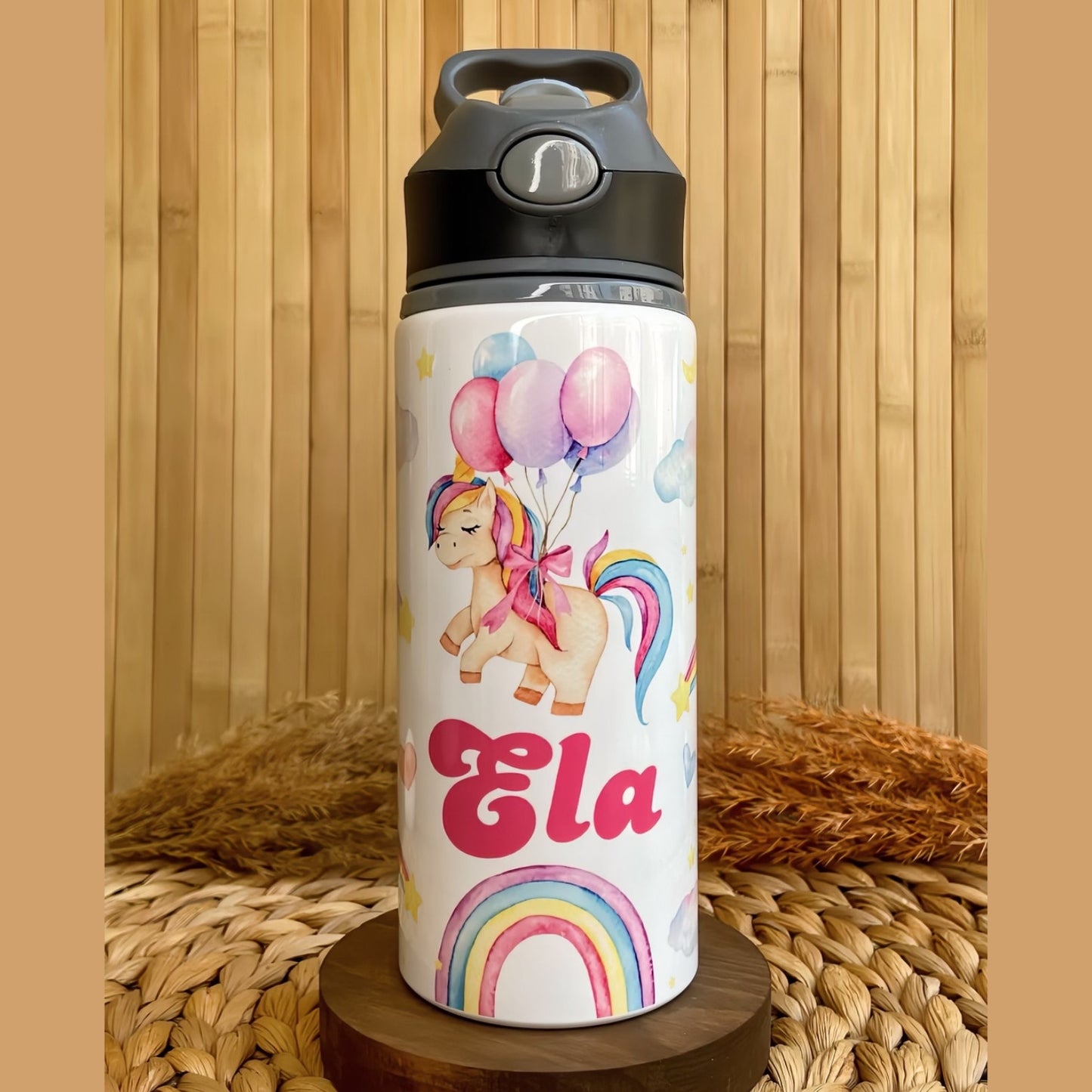 Unicorn Balonlu Gökkuşağı Temalı İsme Özel Alüminyum Pipetli Suluk Matara 650 ml