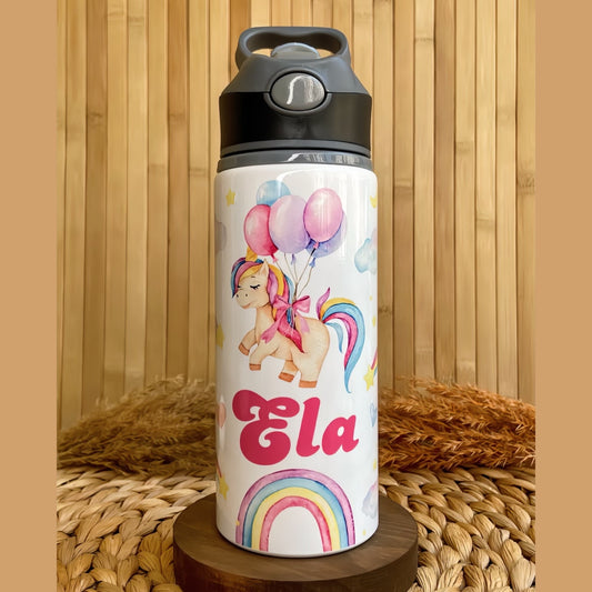 Unicorn Balonlu Gökkuşağı Temalı İsme Özel Alüminyum Pipetli Suluk Matara 650 ml